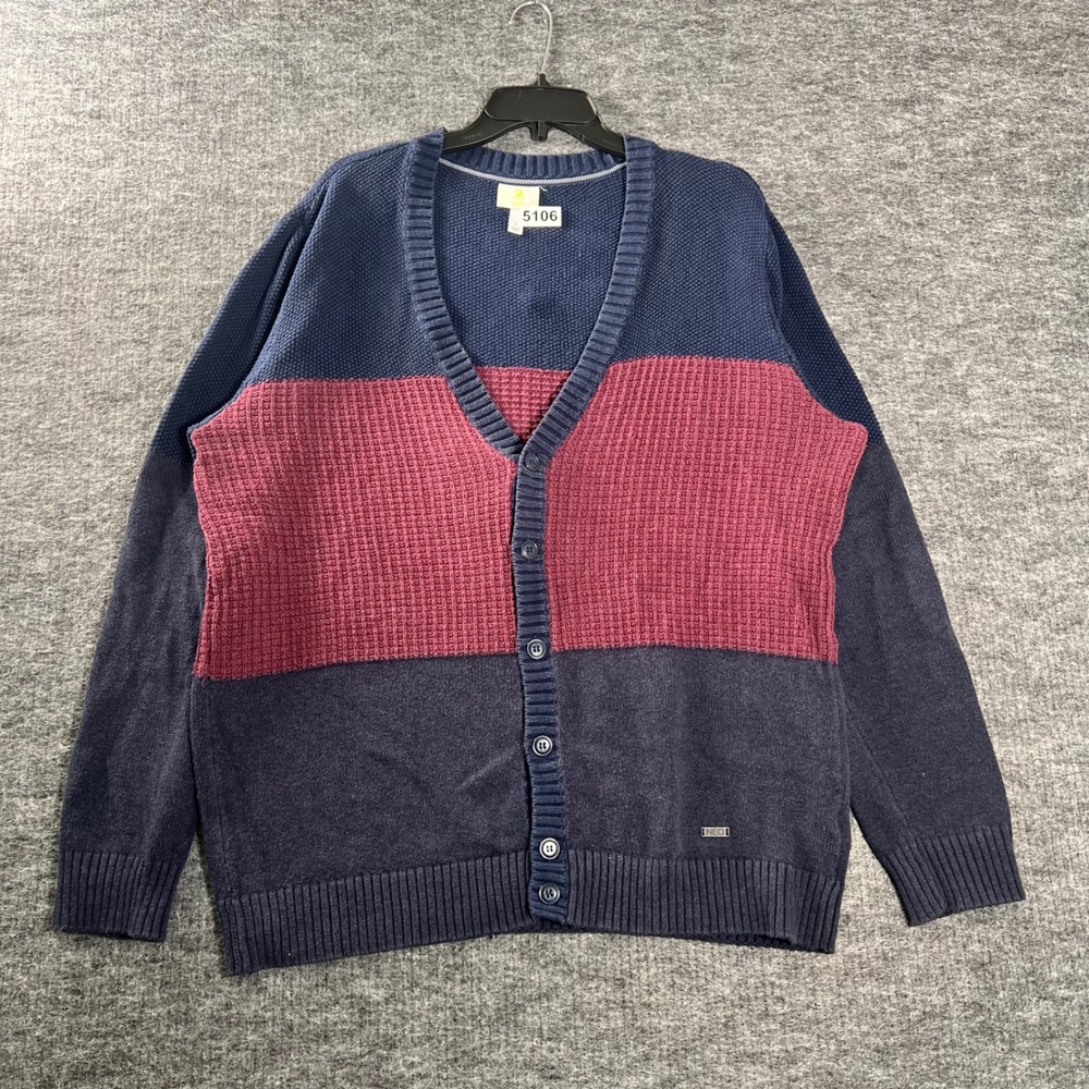 Adidas NEO Mens Cardigan Sweater Large Navy Blue Burgundy Colorblock Button Up